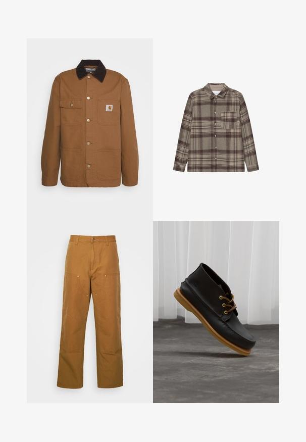 Brown work jacket made of durable fabric with a corduroy collar, featuring four pockets and metal buttons on the front.; Brown plaid flannel shirt featuring a classic collar, long sleeves, button front, and a chest pocket. Soft texture with subtle patterns.; Brown cotton utility pants with a straight leg design, featuring front pockets and metal hardware accents for added durability.; Black leather shoes with a smooth finish, round toe, brown laces, and light brown rubber soles. Logo embossed on the side.