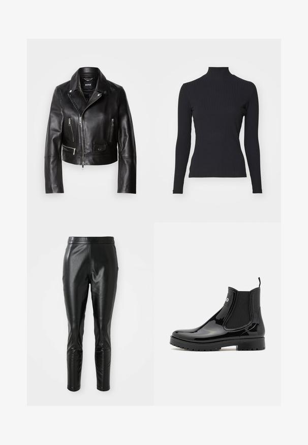 Chaqueta de cuero negro estilo motero con cuello, frente con cremallera y múltiples bolsillos. Diseño moderno y elegante, apto para uso informal.; Top negro de cuello alto con costillas y mangas largas. Fabricado con una tela elástica con forma ajustada y cuello alto. Diseño simple sin adornos.; Pantalones de cuero negro con un ajuste slim, con una textura suave y una cintura alta. Los detalles incluyen acentos en las rodillas para un diseño añadido.; HUGO TABITA - Botas de agua - black