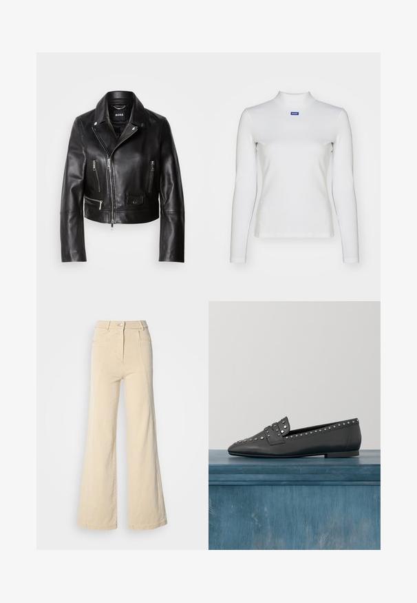 Zwarte leren motorjack met een kraag, ritssluitingen aan de voorkant en meerdere zakken. Stijlvol, modern ontwerp dat geschikt is voor casual draag.; Witte lange mouw turtleneck top van rekbare stof, met een strakke pasvorm en een klein blauw logo op de borst.; Beige wijde jeans met hoge taille, voorzakken en contrasterende stiksels, met een knoopsluiting en een zachte katoenen textuur.; Zwarte leren instapper met zilveren studs langs de zijkanten en over de voorband. Gladde textuur, ronde neus, lage hak.