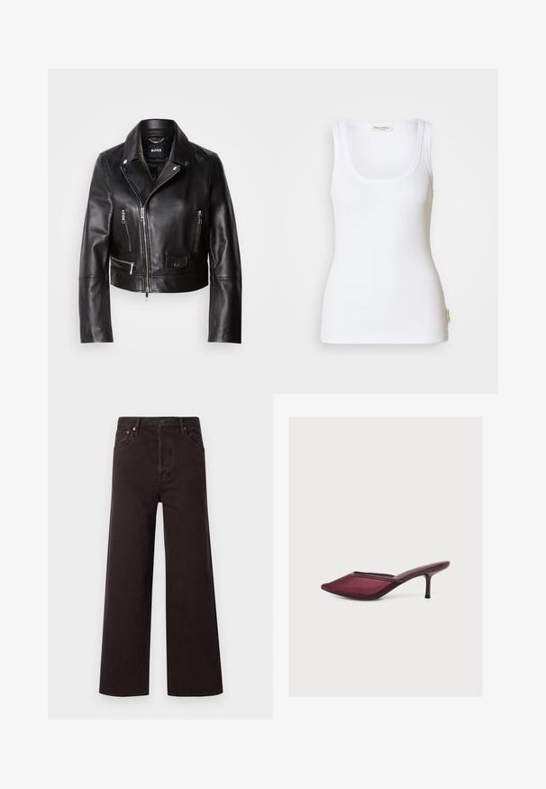 Zwarte leren motorjack met een kraag, ritssluitingen aan de voorkant en meerdere zakken. Stijlvol, modern ontwerp dat geschikt is voor casual draag.; Witte geribbelde tanktop met een ronde halslijn en brede schouderbanden. Voorzien van een logolabel aan de zijkant van de zoom. Gemaakt van zachte, rekbare stof.; Zwarte wijde jeans met hoge taille, gemaakt van denim. Voorzien van vijf zakken en metalen knoopsluiting, gladde textuur en klassiek ontwerp.; Bordeauxkleurige mule met puntige neus, lage naaldhak en een bovenwerk met een mesh-achtige textuur, getoond in profiel op een witte achtergrond.
