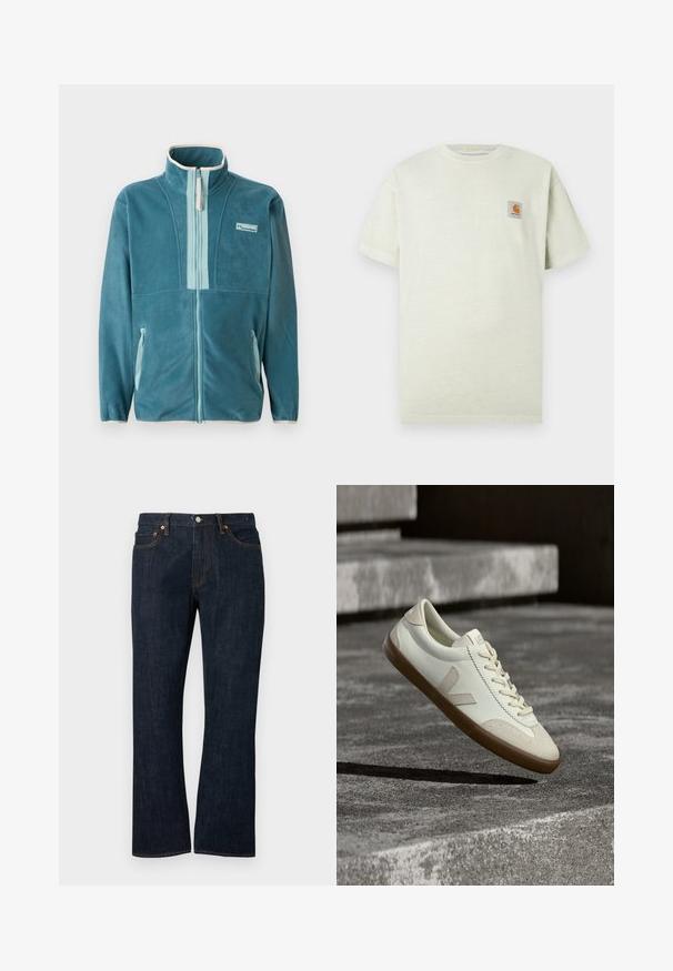 Türkisfarbene Fleece-Jacke mit durchgehendem Reißverschluss und Stehkragen, hellblaue Reißverschluss-Innenverkleidung, seitlichen Taschen und Columbia-Logo auf der Brust.; Hellgrünes Baumwoll-T-Shirt mit kurzen Ärmeln, rundem Halsausschnitt und einem kleinen quadratischen Patch mit Logo auf der linken Brustseite. Weiche Textur.; Dunkelblaue Jeans mit geradem Bein, vorderen Taschen, Kupfernieten und Knopfverschluss.; Weiße Leder-Sneaker mit beige-gummiartiger Sohle, flachen Schnürsenkeln und V-förmigem Akzent an der Seite. Verfügt über eine glatte Oberfläche und minimale Nahtdetails.