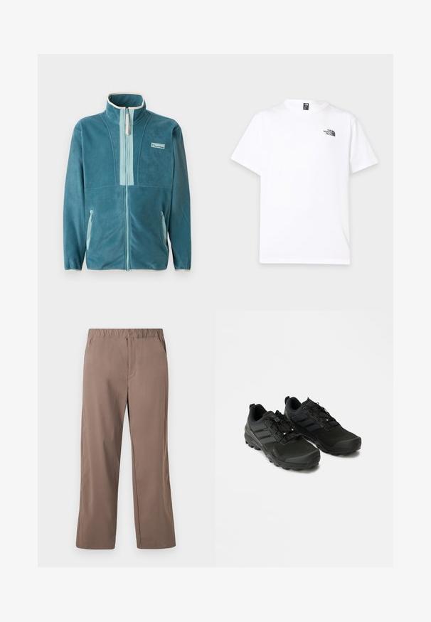 Türkisfarbene Fleece-Jacke mit durchgehendem Reißverschluss und Stehkragen, hellblaue Reißverschluss-Innenverkleidung, seitlichen Taschen und Columbia-Logo auf der Brust.; Weißes kurzärmeliges T-Shirt mit rundem Ausschnitt und kleinem schwarzen The North Face-Logo auf der oberen linken Brust.; Locker sitzende, gerade geschnittene braune Hose mit elastischem Bund und Knopfverschluss, vorderen Taschen und glatter Stofftextur.; Schwarze Sportschuhe mit strukturiertem Obermaterial, strapazierfähiger Gummisohle und dezenten reflektierenden Akzenten; verfügen über ein Schnürsystem für einen sicheren Halt.