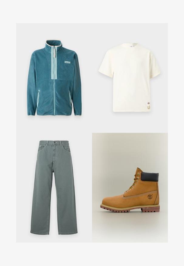 Chaqueta de forro polar de color verde azulado con cremallera completa y cuello alto, forro de cremallera en azul claro, bolsillos laterales y logo de Columbia en el pecho.; Camiseta de algodón de manga corta en color blanco roto, con cuello redondo, pequeña etiqueta con logo y detalle de cordón beige cerca del dobladillo inferior.; Pantalones de pierna ancha en algodón verde apagado, con una cinturilla clásica, presillas para cinturón, bolsillos frontales y detalles de costura contrastantes.; Bota de tobillo de cuero marrón con cuello negro, cordones amarillos y suela beige. Presenta un logotipo y detalles de costura blanca. Suela exterior con tracción robusta.