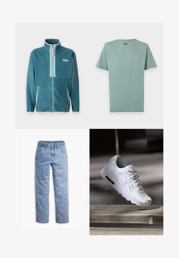 Türkisfarbene Fleece-Jacke mit durchgehendem Reißverschluss und Stehkragen, hellblaue Reißverschluss-Innenverkleidung, seitlichen Taschen und Columbia-Logo auf der Brust.; Schlichtes, gedämpftes grünes T-Shirt mit kurzen Ärmeln und Rundhalsausschnitt, mit kleinem, mehrfarbigem Dickies-Logo auf der linken Brust.; Hellblaue gerade geschnittene Jeans mit vorderem Knopf- und Reißverschluss, Gürtelschlaufen und schrägen Vordertaschen.; Weiße Nike Air Max 90 Sneaker mit einem Obermaterial aus Mesh und Leder, durchlässigem Zehenbereich und einer sichtbaren Air-Einheit in der Ferse.