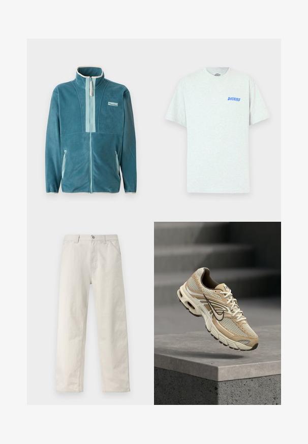 Chaqueta de forro polar de color verde azulado con cremallera completa y cuello alto, forro de cremallera en azul claro, bolsillos laterales y logo de Columbia en el pecho.; Camiseta gris de manga corta hecha de material mezcla de algodón, con texto azul "DICKIES" en el área del pecho izquierdo. Diseño clásico de cuello redondo.; Pantalones de pierna recta en beige claro con sutiles rayas verticales, cierre frontal con botones, presillas para cinturón y bolsillos laterales.; Zapatilla de running Nike beige y blanca con paneles de malla y el swoosh negro, flotando sobre un borde de hormigón con escaleras desenfocadas al fondo.