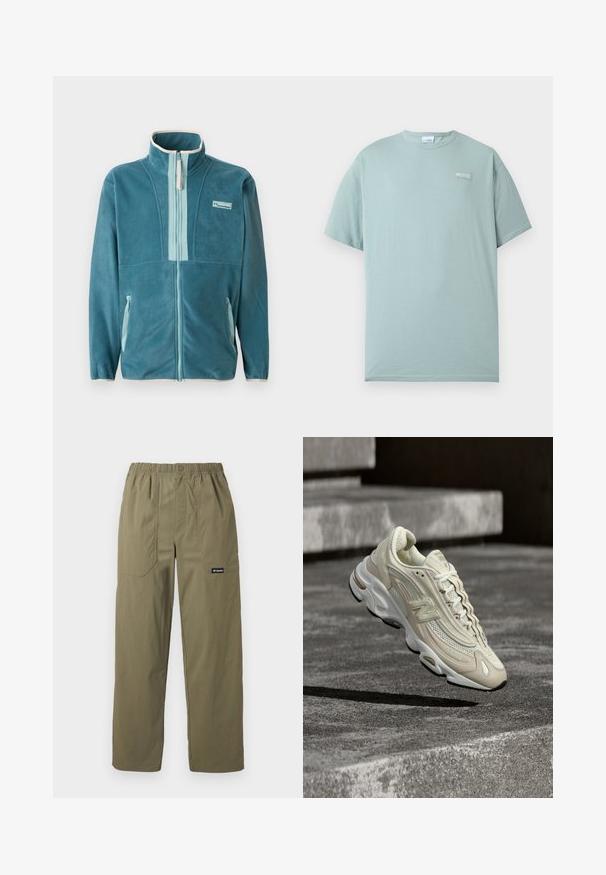 Türkisfarbene Fleece-Jacke mit durchgehendem Reißverschluss und Stehkragen, hellblaue Reißverschluss-Innenverkleidung, seitlichen Taschen und Columbia-Logo auf der Brust.; Hellblaues T-Shirt mit kurzen Ärmeln und Rundhalsausschnitt, mit kleinem weißem Columbia-Logo auf der linken Brust, vor einem schlichten weißen Hintergrund.; Olivgrüne, gerade geschnittene Hose mit elastischem Bund, vorderen aufgesetzten Taschen, Knopfverschluss und Columbia-Logo auf der rechten Tasche.; Beige-weißer New Balance Sneaker mit Mesh- und Lederdetails, schwebt in der Luft über Betontreppen und wirft einen scharfen Schatten.