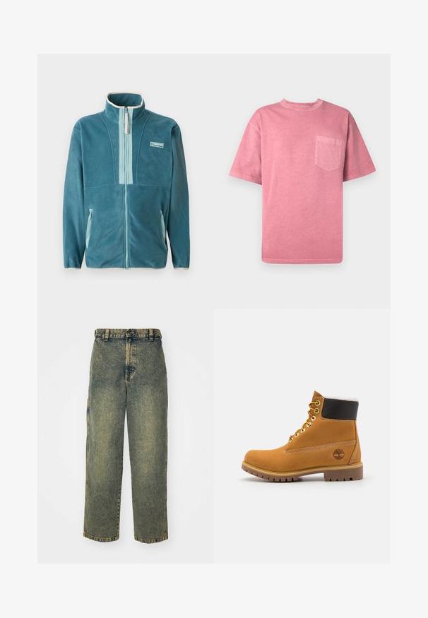 Chaqueta de forro polar de color verde azulado con cremallera completa y cuello alto, forro de cremallera en azul claro, bolsillos laterales y logo de Columbia en el pecho.; Camiseta de algodón rosa con manga corta, cuello redondo y un bolsillo en el pecho izquierdo. Presenta una textura desgastada y un diseño de ajuste relajado.; Jeans de denim holgados en un lavado azul y verde descolorido. Presenta un cierre de botón, pasadores para el cinturón y bolsillos laterales. Diseño de frente plano y pierna recta.; Botín de cuero marrón con ojales de metal, forro de piel sintética blanca, cuello acolchado negro, suela resistente y logotipo en relieve en el costado.
