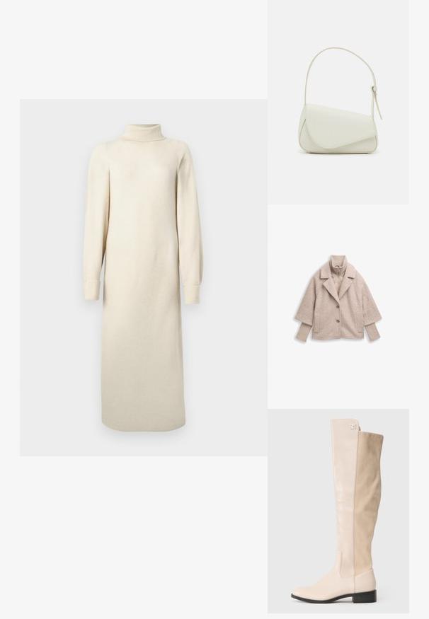 Veste surdimensionnée beige clair avec une texture duveteuse, revers en dent de chien, deux boutons et un col côtelé. Elle présente une couche intérieure matelassée.; Robe en tricot crème avec un col montant, de longues manches bouffantes et une longueur midi. Présente une texture avec un léger motif en relief.; Bottes beiges au-dessus du genou avec un devant en cuir lisse et un dos en daim, un bout arrondi et un petit talon carré. Initiales "SM" embossées sur le haut.; Sac à main en cuir synthétique blanc avec une forme triangulaire structurée, une bandoulière unique réglable et un rabat à courbes accentuées.