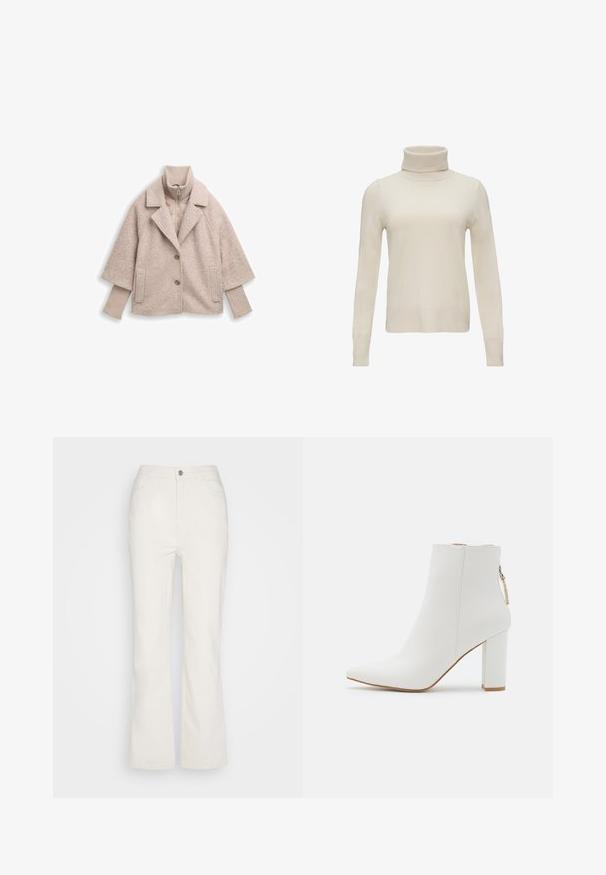 Veste surdimensionnée beige clair avec une texture duveteuse, revers en dent de chien, deux boutons et un col côtelé. Elle présente une couche intérieure matelassée.; Pull à col roulé couleur crème fait de matière tricot douce. Manches longues avec poignets ajustés, design sans couture et encolure côtelée.; Zign Studio Jean droit - off white; RAID NETHRA - Bottines - white