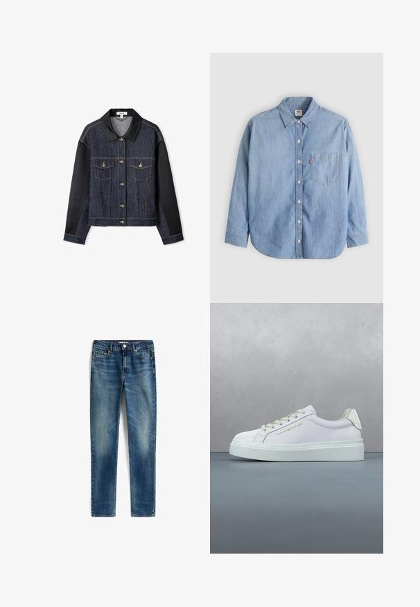 Jeansjacke mit schwarzen Stoffärmel, zwei Fronttaschen, goldfarbenen Knöpfen und einem schwarzen Kragen. Verfügt über eine dunkle Waschung und Kontrastnähte.; Hellblaues Jeanshemd mit Knopfleiste am Kragen, Brusttasche und langen Ärmeln. Verfügt über einen abgerundeten Saum und eine subtile Textur.; Dunkelblaue Jeans im Slim-Fit, mit Fronttaschen, einer Knopfverschluss und dezentem Ausbleichen entlang der Oberschenkel.; Weißer Tommy Hilfiger Sneaker mit dicker Sohle und Schnürsenkeln, präsentiert auf einem gemusterten Boden aus Holz und Kieselsteinen im Freien.