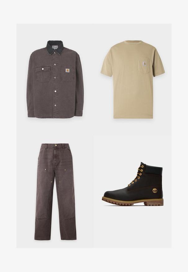 Langærmet skjorte i mørkegrå bomuld med en sort denimkrave. Har to brystlommer og sølvfarvede trykknapper. Carhartt-logo på lommen.; Beige t-shirt med korte ærmer lavet af bomuld, med en lomme på venstre bryst med en logo-patch. Klassisk rund halsudskæring med en almindelig pasform.; Brune bukser med lige ben og høj talje, forlommer, bæltestropper og synlige syninger ved knæ og lår.; Sorte læder ankelstøvle med gyldne øjer, brune detaljer og gummisål. Har en polstret krave og præget logo på siden.