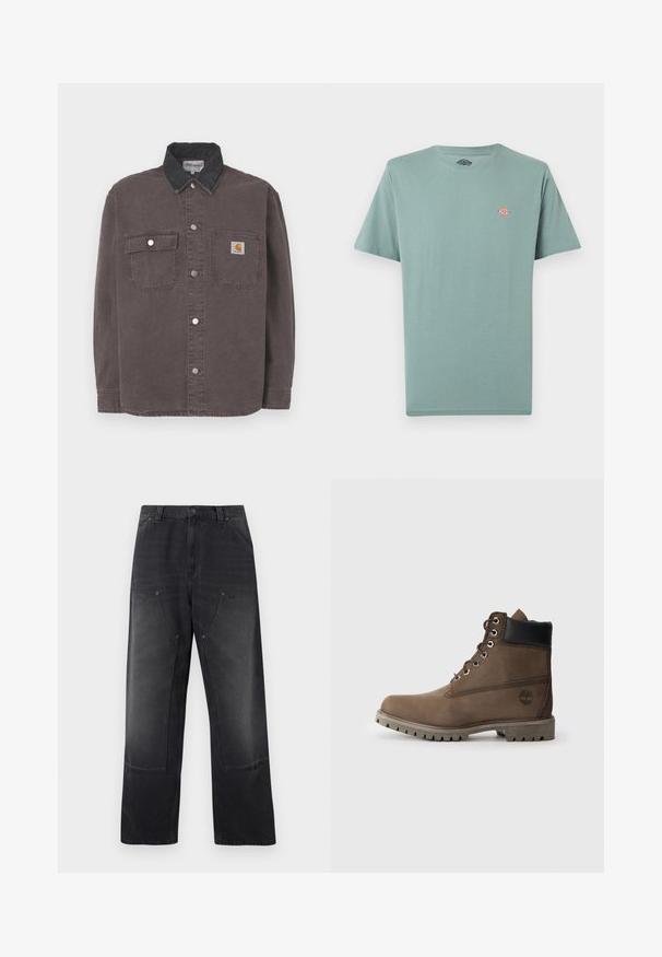 Langærmet skjorte i mørkegrå bomuld med en sort denimkrave. Har to brystlommer og sølvfarvede trykknapper. Carhartt-logo på lommen.; Enkelt, afdæmpet grøn T-shirt med korte ærmer og rund hals, med lille flerfarvet Dickies-logo på venstre bryst.; Sorte jeans med brede ben, forlommer med lapper, bæltestropper og lukning med knap samt lynlås.; Brune læder ankelstøvle med sort krave, metaløjer og slidstærk grå sål. Har logo på siden og syet detaljer.