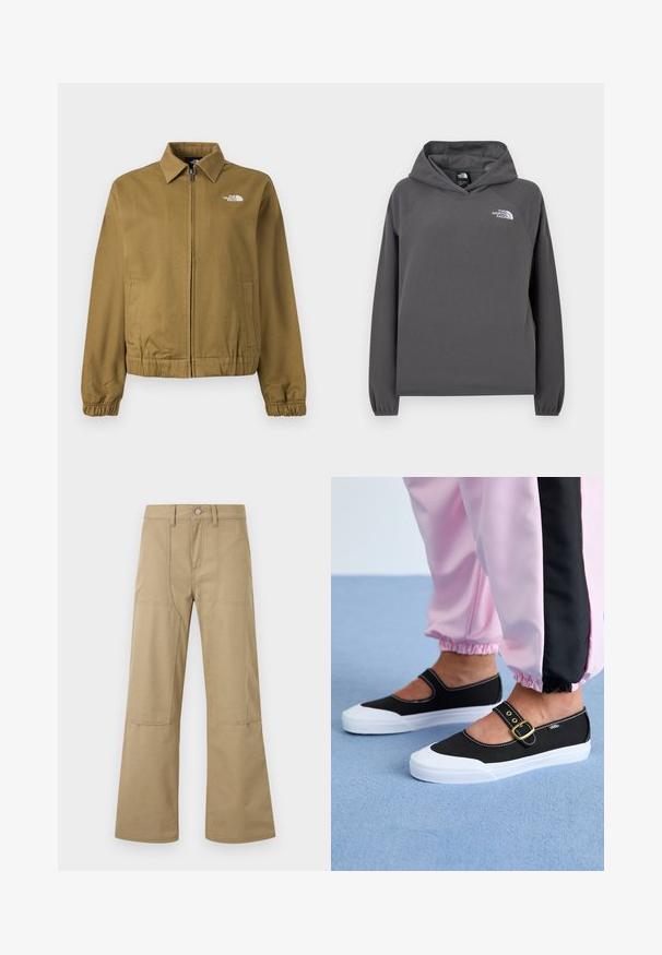 Veste zippée marron avec col, poignets élastiques, deux poches latérales et logo The North Face blanc sur la poitrine.; Sweat à capuche gris en polaire avec une coupe décontractée, des poignets côtelés et un petit logo blanc sur la poitrine gauche. Texture douce et design simple.; Pantalon beige taille haute à jambes larges avec poches plaquées à l'avant, passants pour ceinture et fermeture à boutons. Tissu simple et durable avec coutures visibles.; Baskets noires en toile avec une semelle blanche, présentant un design découpé et une sangle en boucle dorée. Portées avec un pantalon de survêtement rose.