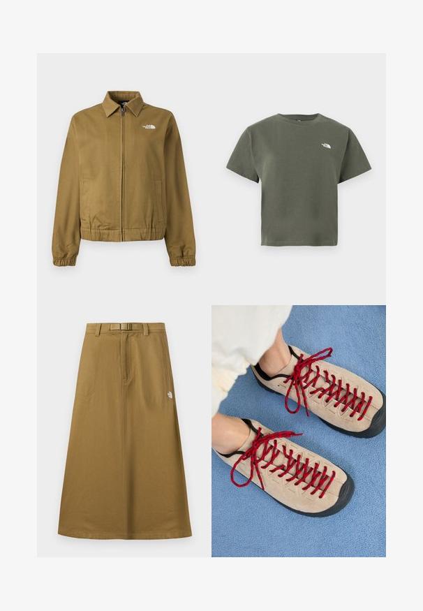 Veste zippée marron avec col, poignets élastiques, deux poches latérales et logo The North Face blanc sur la poitrine.; T-shirt en coton vert olive à manches courtes, col rond, avec un petit logo blanc sur le côté gauche de la poitrine. Texture lisse et coupe décontractée.; Jupe longue extérieure beige avec poches avant, ceinture intégrée et logo The North Face sur le côté droit.; Des chaussures beiges avec des lacets rouges, posées sur une surface bleue texturée, révèlent partiellement la cheville d'une personne. Les chaussures ont un design sportif.