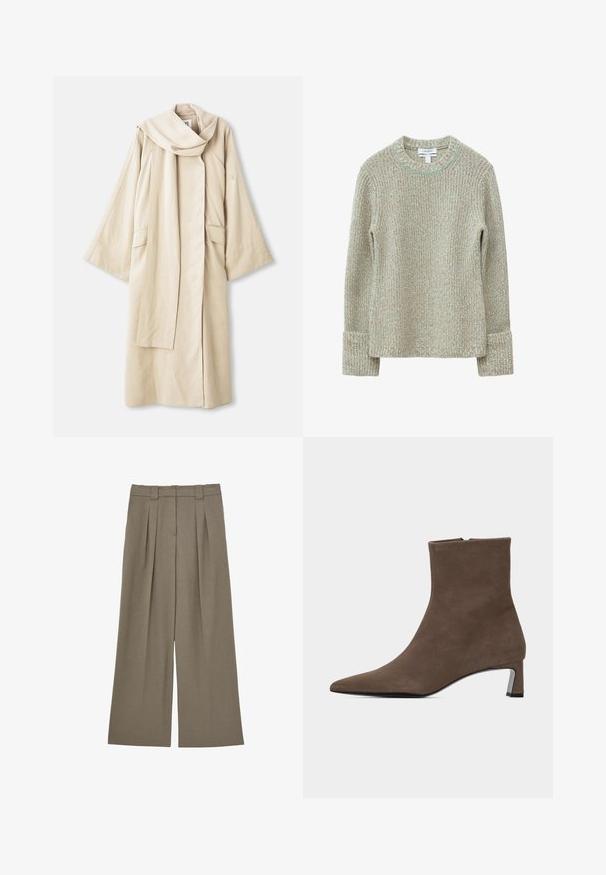 Beige Robe mit fließendem Design und weiten Ärmeln. Aus leichtem Stoff gefertigt, mit großem Kragen und zwei vorderen Taschen.; Beiger Strickpullover mit rundem Ausschnitt und hellblauen Akzenten, gerippten Bündchen und einer strukturierten, weich aussehenden Oberfläche.; Weite Hosen aus einem hellbraunen Stoff, mit hoher Taille, gefaltetem Vorderteil und Gürtelschlaufen. Glatte Textur mit zwei Fronttaschen.; Brauner Wildleder-Stiefelette mit spitzer Zehenpartie, seitlichem Reißverschluss und niedrigem Blockabsatz vor schlichtem hellem Hintergrund.
