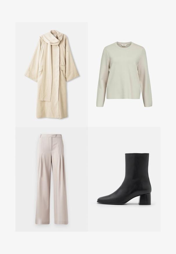 Beige Robe mit fließendem Design und weiten Ärmeln. Aus leichtem Stoff gefertigt, mit großem Kragen und zwei vorderen Taschen.; Hellbeige Langarmpullover mit Rundhalsausschnitt. Aus strukturiertem Strickmaterial gefertigt, mit leicht überschnittenen Schultern und einem lässigen Sitz.; Beige Weite-Leggings mit glatter Textur, gefaltetem Vorderdesign und tailliertem Bund. Geeignet für formelle oder legere Anlässe.; Schwarze Leder-Ankle-Boots mit spitzer Zehenpartie und einem klobigen, quadratischen Absatz. Glatte Textur mit nahtlosem Design und minimalistischem Nähen.