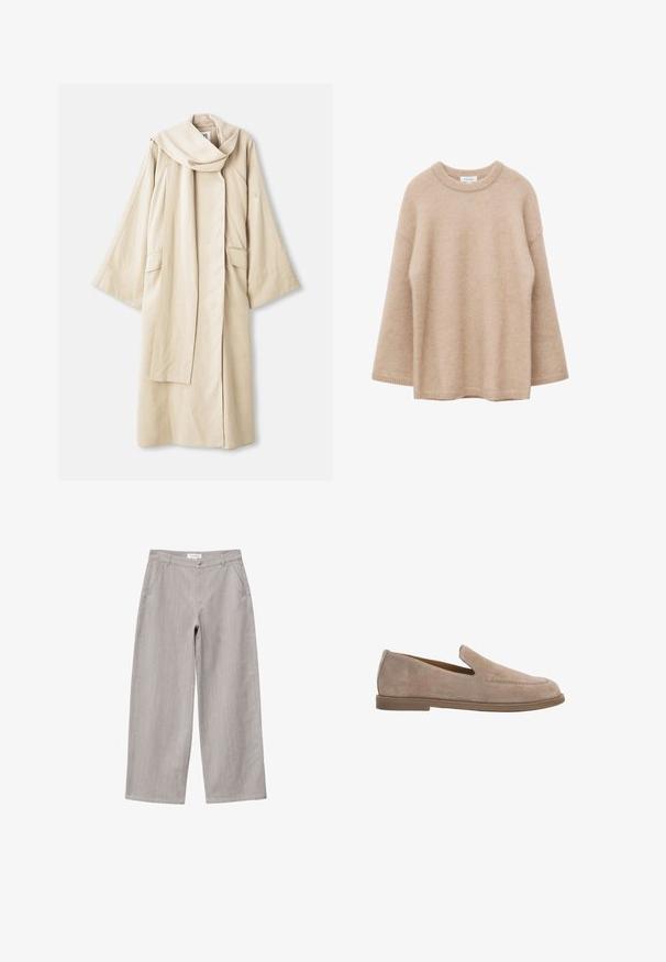Beige gewaad met een vloeiende vorm en brede mouwen. Gemaakt van lichtgewicht stof, met een grote kraag en twee voorzakken.; Beige trui met lange mouwen, ronde hals, zachte, pluizige textuur en een losse pasvorm, weergegeven tegen een witte achtergrond.; Lichtgrijze broek met wijde pijpen, voorzakken, riemlussen en een knoopsluiting aan de taille.; Taupekleurige suède instapslof met lage platte zool en afgeronde neus, linkerzijaanzicht op witte achtergrond.