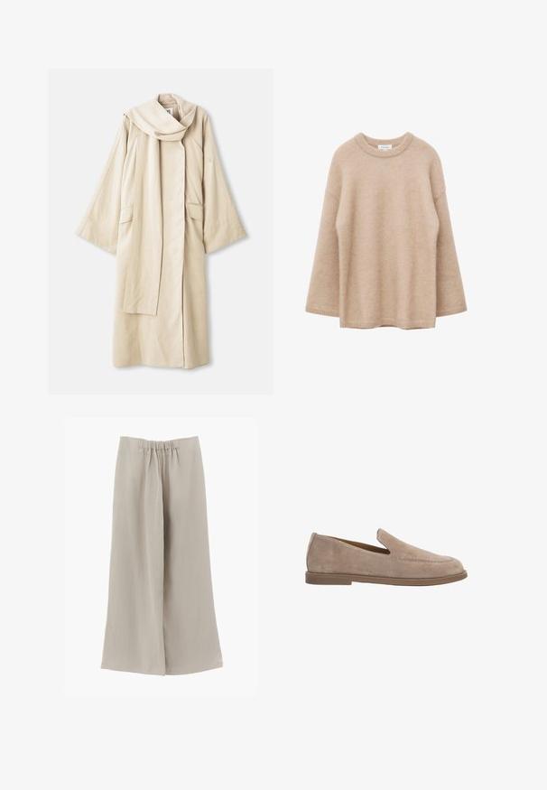 Beige Robe mit fließendem Design und weiten Ärmeln. Aus leichtem Stoff gefertigt, mit großem Kragen und zwei vorderen Taschen.; Beiger Pullover mit langen Ärmeln, Rundhalsausschnitt, weicher, flauschiger Textur und lockerem Schnitt, vor weißem Hintergrund dargestellt.; Beige Hosen mit weitem Bein, elastischem Bund, vorderer Falte und lockerem Schnitt, auf einfarbigem weißen Hintergrund dargestellt.; Beiger Wildleder-Slipper mit flacher brauner Sohle und Mokassin-Nähdetail am Obermaterial.