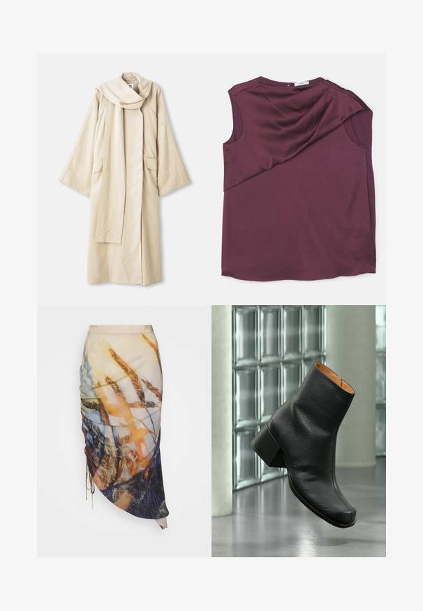 Beige Robe mit fließendem Design und weiten Ärmeln. Aus leichtem Stoff gefertigt, mit großem Kragen und zwei vorderen Taschen.; Burgunderfarbener ärmelloser Oberteil aus glattem Stoff mit Drapé-Design, featuring einen asymmetrischen Schnitt und einen runden Halsausschnitt.; Materiel DIAGONAL GATHERED SKIRT - Bleistiftrock - golden hour; Schwarzer strukturierter Leder-Stiefelette mit Blockabsatz, drinnen auf reflektierendem Boden vor einer Wand aus Glasbausteinen dargestellt.