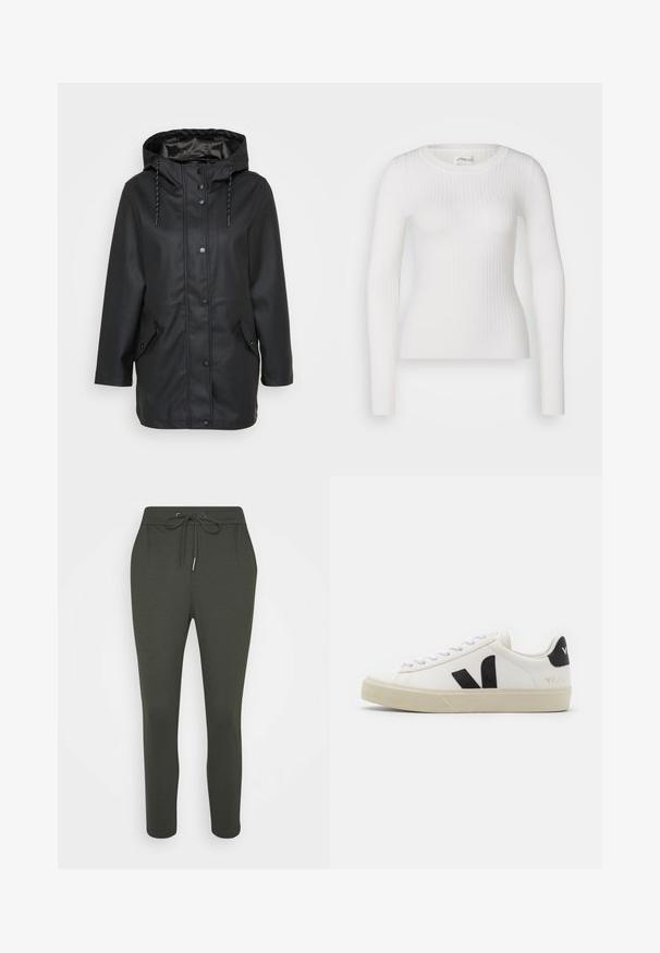 Schwarze wasserfeste Jacke mit Kapuze und Druckknöpfen auf der Vorderseite, verstellbarem Kordelzug an der Kapuze sowie zwei aufgesetzten Taschen mit Druckknopfverschlüssen.; Weißes langärmliges Rippoberteil mit rundem Halsausschnitt. Der Stoff ist glatt, mit einer subtilen Textur und einer figurbetonten Passform. Keine sichtbaren Beschläge oder Muster.; Dunkelgrüne Sweatpants mit einem Kordelzugbund, schmal zulaufenden Beinen und Seitentaschen. Hergestellt aus einem weichen, dehnbaren Stoff für maximalen Komfort.; Weißes Leder-Sneaker mit schwarzem Gummi-V-Logo. Strukturierte cremefarbene Sohle, weiße Schnürsenkel und Fersendetail in Schwarz mit dem Markennamen.