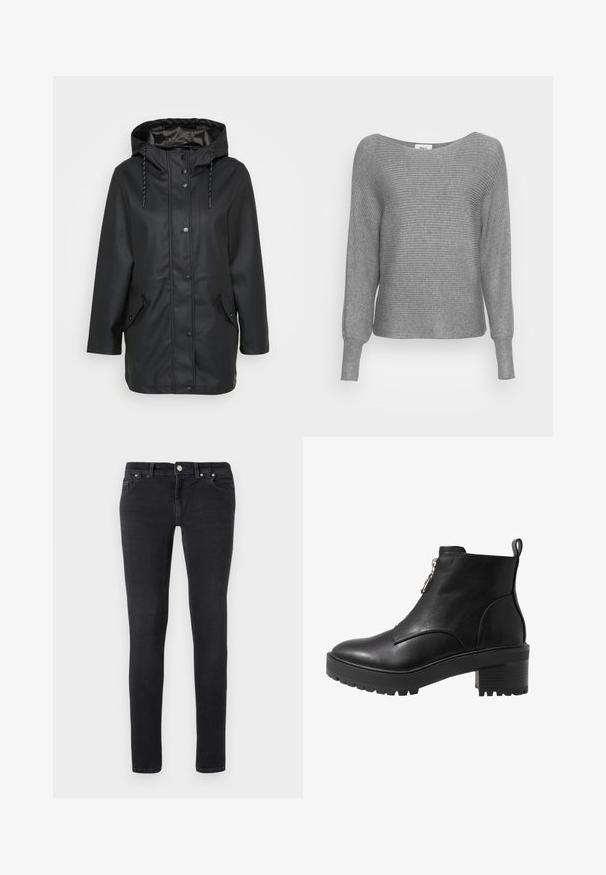 Sort vandtæt hættejakke med frontknapper, justerbar snorhætte og to klaplommer med trykknaplukninger.; Grå ribbet sweater med lange ærmer og en bred bådudskæring. Fremstillet af blødt strikmateriale med en struktureret overflade.; Sorte slim-fit jeans med femlommerdesign, knaplukning og bæltestropper, ligger fladt på en ensfarvet hvid baggrund.; Sort læder ankelstøvle med lynlåslukning på siden, kraftig sort hæl og en struktureret sål for godt greb. Glat overflade med minimalt udsmykning.
