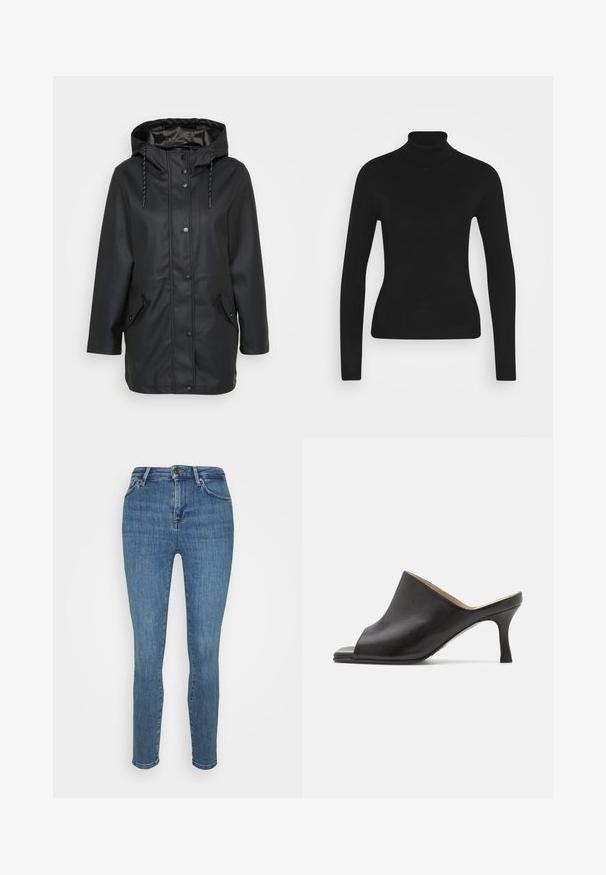 Sort vandtæt hættejakke med frontknapper, justerbar snorhætte og to klaplommer med trykknaplukninger.; Sort turtleneck sweater med lange ærmer, lavet af et glat strikket stof. Har et tætsiddende design og en ribbet krave.; Slim-fit, mid-rise blå denim jeans med en glat tekstur, fem lommer og lynlåsgylf. Har minimal falmning og et klassisk design.; Selected ASHLEY - Mules med hæl - black