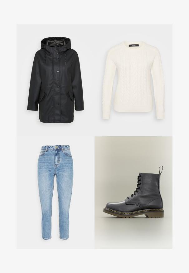 Μαύρο αδιάβροχο jacket με κουκούλα, μπροστινούς κουμπωτές κλαμπ, ρυθμιζόμενη κουκούλα με κορδόνι, και δύο τσέπες με καπάκι και κουμπώματα.; Λευκό πλεκτό πουλόβερ με υφή από καλώδια, στρογγυλή λαιμόκοψη και λάστιχα στους καρπούς και το στρίφωμα. Κατασκευασμένο από μαλακό και ζεστό υλικό.; Ανοιχτογάλαζα τζιν με ψηλή μέση, ίσια γραμμή και ξεθωριασμένη υφή. Διαθέτει πέντε τσέπες και κλείσιμο με κουμπί και φερμουάρ.; Μαύρο δερμάτινο στρατιωτικό μποτάκι με 8 οπές, λαστιχένια σόλα, κίτρινα ράμματα και θηλιά στο πίσω μέρος. Διαθέτει υφή στην άνω επιφάνεια.