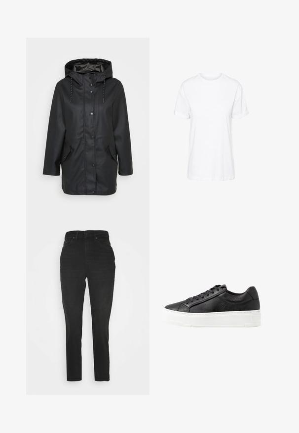 Schwarze wasserfeste Jacke mit Kapuze und Druckknöpfen auf der Vorderseite, verstellbarem Kordelzug an der Kapuze sowie zwei aufgesetzten Taschen mit Druckknopfverschlüssen.; Weißes Baumwoll-T-Shirt mit kurzen Ärmeln, Rundhalsausschnitt und legerem Schnitt, mit glatter Textur und ohne sichtbare Muster.; Schwarze Jeans aus Denim mit schlanker Passform, hoher Taille, traditionellem Fünf-Taschen-Design und subtiler Textur. Knöchellang mit minimalen Hardware-Details.; Schwarze Ledersneaker mit strukturiertem Obermaterial, weißer Gummisohle, runder Zehenpartie und Schnürdesign. Mit Steppakzenten und glattem Zungenbereich.