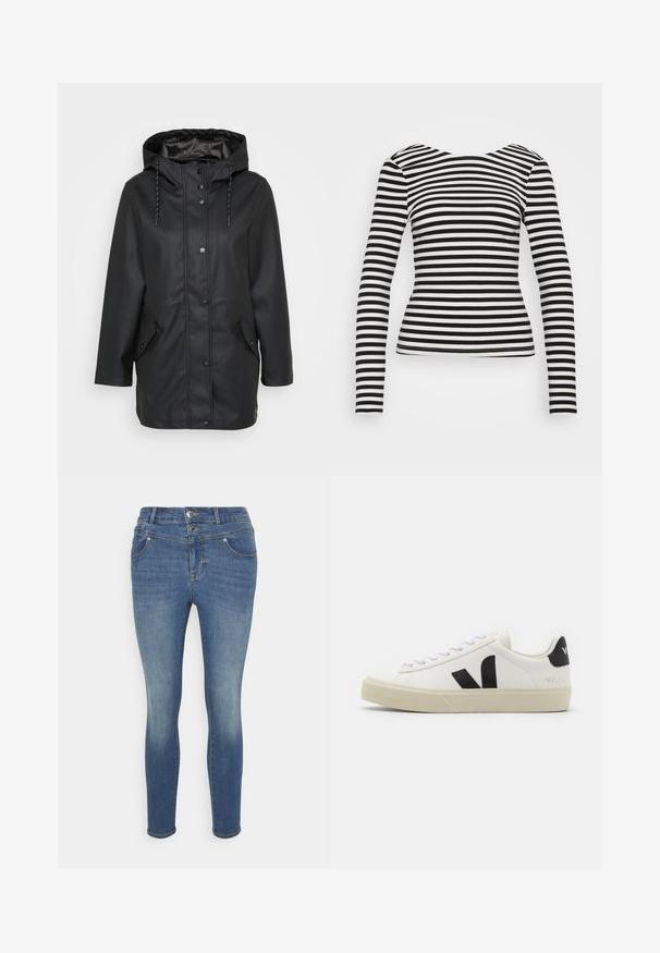 Schwarze wasserfeste Jacke mit Kapuze und Druckknöpfen auf der Vorderseite, verstellbarem Kordelzug an der Kapuze sowie zwei aufgesetzten Taschen mit Druckknopfverschlüssen.; Schwarz-weiße gestreifte Longsleeve-Bluse mit einem runden Ausschnitt, enganliegendem Design, glatter Stoffoberfläche und cleanem Schnitt am Saum und an den Bündchen.; ONLY Petite ONLWAUW - Jeans Skinny Fit - medium blue denim; Weißes Leder-Sneaker mit schwarzem Gummi-V-Logo. Strukturierte cremefarbene Sohle, weiße Schnürsenkel und Fersendetail in Schwarz mit dem Markennamen.