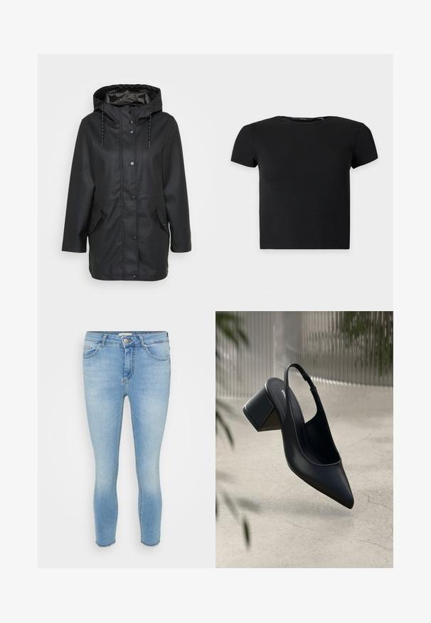 Schwarze wasserfeste Jacke mit Kapuze und Druckknöpfen auf der Vorderseite, verstellbarem Kordelzug an der Kapuze sowie zwei aufgesetzten Taschen mit Druckknopfverschlüssen.; Schwarzes kurzärmeliges, geripptes Croptop mit rundem Ausschnitt, auf einfarbig hellem Hintergrund dargestellt.; Hellblaue Skinny-Jeans aus Denim. Mit einem klassischen Bund und Knopfverschluss sowie ausgefransten Säumen an den Knöcheln. Mit distressed Details.; Schwarze Leder-Slingback-Pumps mit spitzem Zehenbereich und Blockabsatz. Glatte Textur, minimalistisches Design und verstellbarer Knöchelriemen.