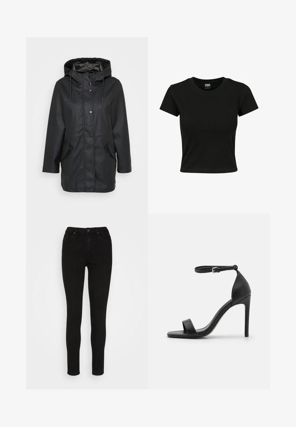 Schwarze wasserfeste Jacke mit Kapuze und Druckknöpfen auf der Vorderseite, verstellbarem Kordelzug an der Kapuze sowie zwei aufgesetzten Taschen mit Druckknopfverschlüssen.; Schwarzes Kurzarm-T-Shirt aus glattem Baumwollmaterial mit rundem Halsausschnitt und taillierter Form. Keine sichtbaren Muster oder Akzente.; Vero Moda VMLUNA SOPHIA - Jeans Skinny Fit - black denim; Schwarze hochhackige Sandale mit elegantem Design, featuring einem Knöchelriemen, offener Zehenpartie und glattem Lederfinish.