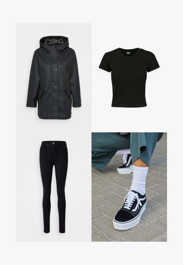 Veste noire imperméable à capuche avec boutons-pression à l'avant, capuche ajustable avec cordon de serrage et deux poches à rabat avec fermetures à pression.; T-shirt noir à manches courtes en coton lisse, avec un col rond et une coupe ajustée. Aucun motif ou accent visible.; ONLY ONLROYAL POCKET CUT - Jeans Skinny - washed black; Baskets en suède noir avec des accents et des lacets blancs, présentant une épaisse semelle blanche et des coutures contrastantes, associées à une chaussette blanche.