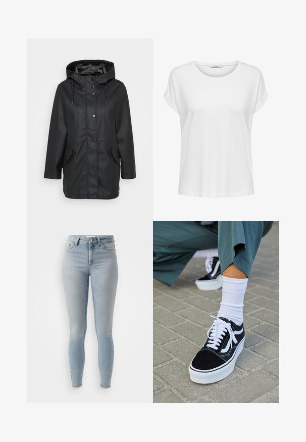 Sort vandtæt hættejakke med frontknapper, justerbar snorhætte og to klaplommer med trykknaplukninger.; Hvid kortærmet t-shirt lavet af blød bomuld. Har en rund halsudskæring og rullede ærmer. Enkel design uden mønstre eller accenter.; Lysblå skinny jeans lavet af denim. Høj talje, fem-lomme stil, med en frynset kant ved anklerne. Glat tekstur.; Sorte ruskinds sneakers med hvide accenter og snørebånd, der har en tyk hvid sål og kontrasterende syninger, parret med en hvid sok.