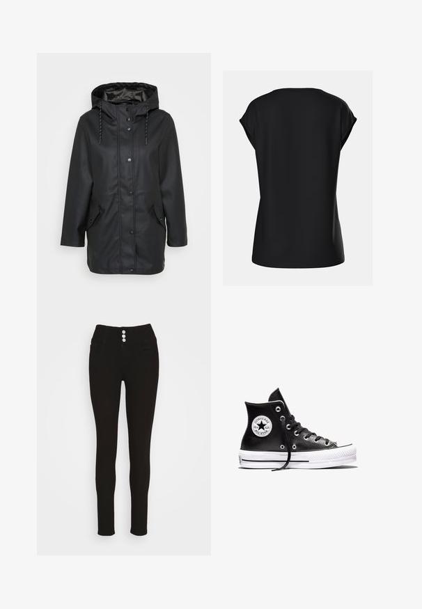 Veste noire imperméable à capuche avec boutons-pression à l'avant, capuche ajustable avec cordon de serrage et deux poches à rabat avec fermetures à pression.; Haut noir à manches courtes avec une coupe décontractée, col rond et texture de tissu lisse, avec des coutures d'épaule subtiles. Vue de dos affichée.; Vero Moda VMDONNA - Jeans Skinny - black; Baskets montantes Converse Chuck Taylor All Star noires avec semelle en caoutchouc blanc et patch logo sur la cheville, présentées sur un fond blanc.