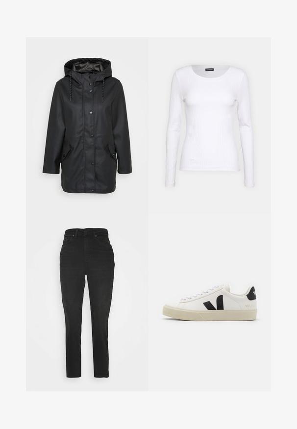 Schwarze wasserfeste Jacke mit Kapuze und Druckknöpfen auf der Vorderseite, verstellbarem Kordelzug an der Kapuze sowie zwei aufgesetzten Taschen mit Druckknopfverschlüssen.; Weißes geripptes Langarmoberteil mit Rundhalsausschnitt. Aus einem dehnbaren Stoff gefertigt, der den Körper umschmeichelt. Verfügt über dezente horizontale Streifen.; Schwarze Jeans aus Denim mit schlanker Passform, hoher Taille, traditionellem Fünf-Taschen-Design und subtiler Textur. Knöchellang mit minimalen Hardware-Details.; Weißes Leder-Sneaker mit schwarzem Gummi-V-Logo. Strukturierte cremefarbene Sohle, weiße Schnürsenkel und Fersendetail in Schwarz mit dem Markennamen.