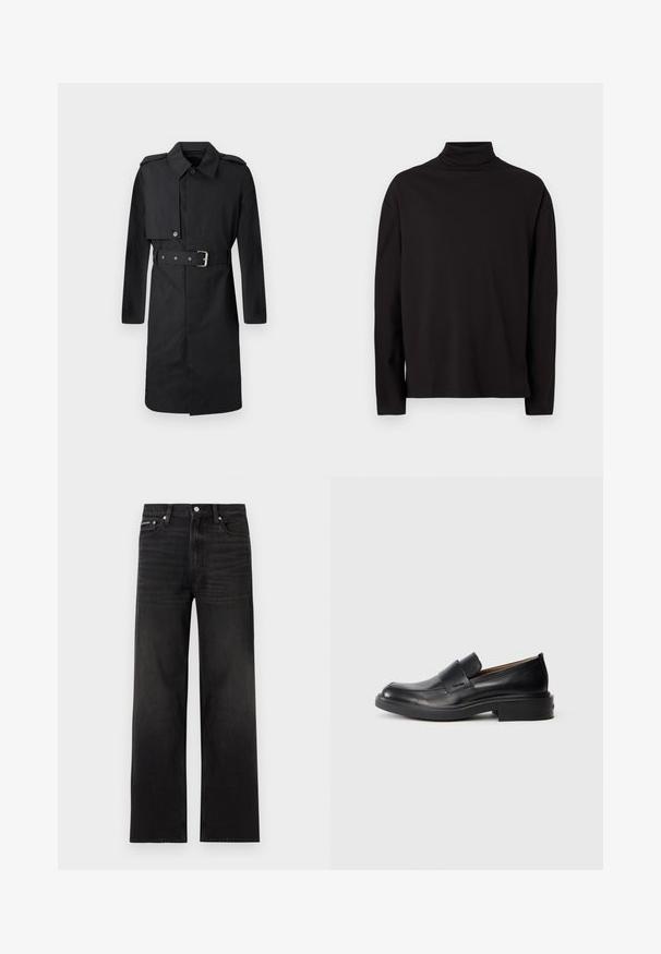 Trench coat negro de longitud hasta la rodilla con cinturón, solapa abotonada en el pecho derecho y epaulettes en los hombros, mostrado sobre fondo blanco.; Suéter de cuello vuelto negro de manga larga, elaborado con una tela suave y lisa, que tiene un corte holgado y carece de patrones o acentos visibles.; Jeans negros de pierna recta con diseño de cinco bolsillos, presillas para cinturón y cierre de botón, mostrados sobre un fondo blanco.; Zapato de vestir negro de cuero sin cordones con tacón bajo y un sutil logo de Calvin Klein en el lateral, mostrado en perfil sobre un fondo blanco.
