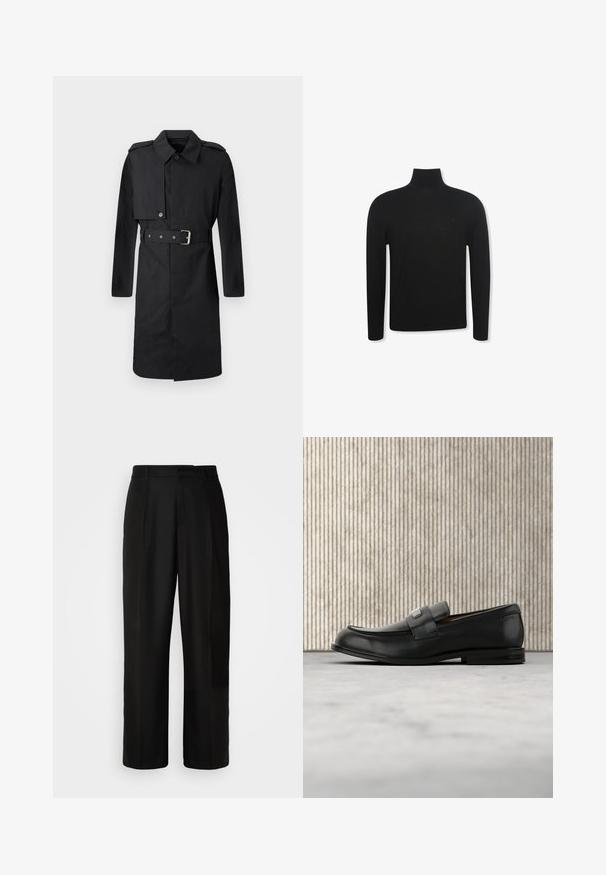 Trench coat negro de longitud hasta la rodilla con cinturón, solapa abotonada en el pecho derecho y epaulettes en los hombros, mostrado sobre fondo blanco.; Jersey negro de cuello alto y manga larga con un ajuste entallado y un logo sutil en la zona izquierda del pecho, mostrado sobre fondo blanco.; Pantalones negros con corte recto, textura suave, pliegues frontales y cintura estándar. Diseño minimalista sin patrones adicionales.; Mocasín de cuero negro con una placa metálica de marca apoyado cerca de una mesa redonda marrón sobre un suelo alfombrado beige.