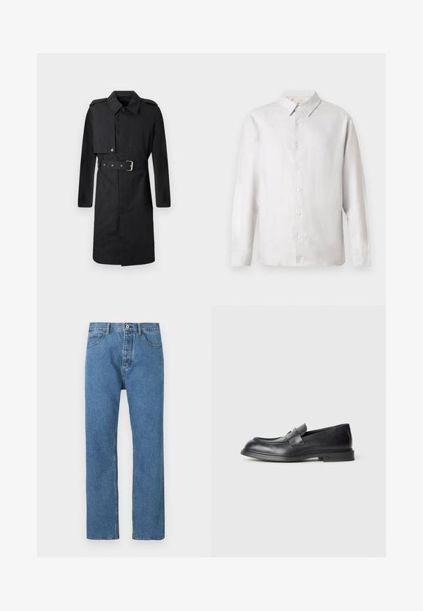 Trench coat negro de longitud hasta la rodilla con cinturón, solapa abotonada en el pecho derecho y epaulettes en los hombros, mostrado sobre fondo blanco.; Camisa blanca de manga larga con botón y collar, siete botones y un sutil logo bordado en el lado izquierdo del pecho.; Pantalones vaqueros de mezclilla azul claro con corte recto, cinco bolsillos, cierre de botón y detalles de costuras sutiles a lo largo de las costuras.; Mocasines de cuero negro con acabado texturizado, que cuentan con una correa decorativa en la parte delantera y punta redondeada. Suela de goma para mayor durabilidad.