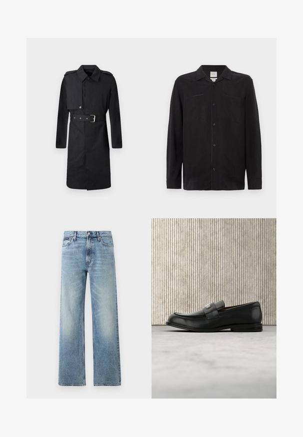 Trench coat negro de longitud hasta la rodilla con cinturón, solapa abotonada en el pecho derecho y epaulettes en los hombros, mostrado sobre fondo blanco.; Camisa negra de manga larga hecha de tela ligera, con cuello en muesca, cierres de botones al frente y dos bolsillos en el pecho.; Vaqueros de mezclilla azul claro de corte recto con cintura alta, cinco bolsillos, cierre de botón y sutil desgaste en los muslos y las rodillas.; Mocasín de cuero negro con una placa metálica de marca apoyado cerca de una mesa redonda marrón sobre un suelo alfombrado beige.
