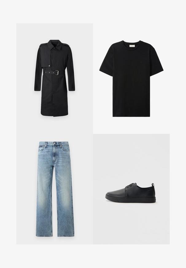 Trench coat negro de longitud hasta la rodilla con cinturón, solapa abotonada en el pecho derecho y epaulettes en los hombros, mostrado sobre fondo blanco.; Camiseta negra de manga corta con cuello redondo, con un sutil logo de Calvin Klein Jeans en el pecho y una etiqueta en el interior del cuello.; Vaqueros de mezclilla azul claro de corte recto con cintura alta, cinco bolsillos, cierre de botón y sutil desgaste en los muslos y las rodillas.; Zapatilla negra de cuero con acabado suave, punta redondeada, costuras a tono, cordones en la parte delantera y suela de goma plana. Asa en el talón.
