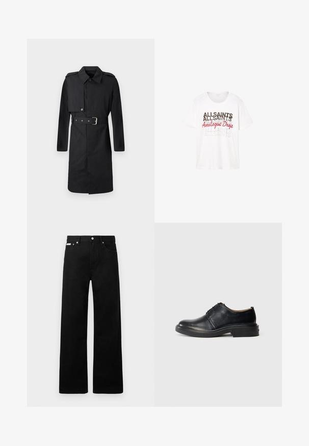 Schwarzer knielanger Trenchcoat mit Gürtel, geknöpfter Klappe auf der rechten Brust und Schulterklappen, auf weißem Hintergrund präsentiert.; Weißes T-Shirt mit kurzen Ärmeln und übereinander liegendem Text „ALLSAINTS“ in Schwarz und Grau sowie „Analogue Days“ in roter Schreibschrift auf der Vorderseite.; Schwarze Denim-Hose im weiten Bein-Design mit fünf Taschen und metallenen Knopfdetails. Glatte Textur, ohne sichtbare Muster.; Schwarze Leder-Oxfords mit runder Zehenpartie, Schnürung an der Vorderseite und niedrigem, gestapeltem Absatz vor einem schlichten, hellen Hintergrund.