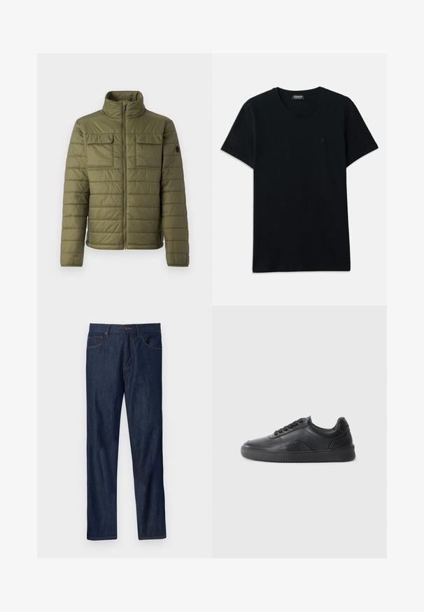 Chaqueta acolchada de color verde oliva con un alto cuello, dos bolsillos en el pecho y un patrón de acolchado vertical. Cierre de cremallera y acento de logo en la manga.; Dondup SLIM FIT - Camiseta básica - black; Jeans de mezclilla azul oscuro de pierna recta con bolsillos delanteros, trabillas para cinturón y cierre de botón sobre un fondo gris claro.; Zapatilla negra de cuero con un acabado suave, punta redondeada, panel lateral texturizado y cordones negros. Presenta una suela de goma plana y un diseño minimalista.