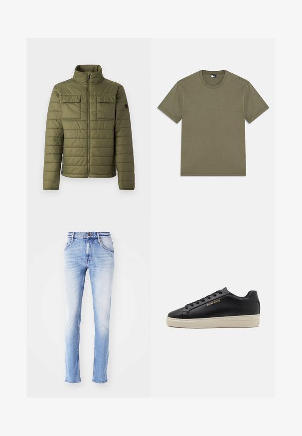 Veste rembourrée vert olive avec un col haut, deux poches poitrine et un motif matelassé vertical. Fermeture éclair et accent logo sur la manche.; T-shirt en coton olive, manches courtes, encolure arrondie, coupe droite, texture douce, sans motifs, design minimaliste, étiquette à l'intérieur de l'encolure.; Jean en denim bleu clair avec une finition délavée, coupe droite, cinq poches, passants de ceinture et fermeture à un bouton à la taille.; Sneaker en cuir noir avec une finition lisse, semelle crème contrastante, bout arrondi, logo doré sur le côté et six œillets pour les lacets.