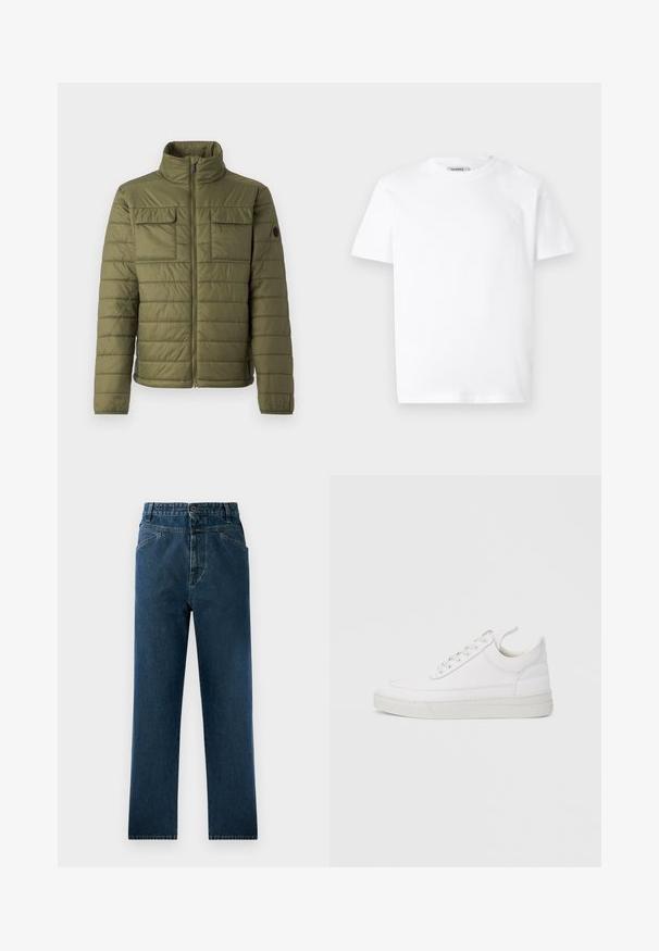 Veste rembourrée vert olive avec un col haut, deux poches poitrine et un motif matelassé vertical. Fermeture éclair et accent logo sur la manche.; T-shirt en coton blanc avec un col rond et des manches courtes. Présente un petit logo en relief sur la poitrine gauche. Texture lisse.; Jean droit en denim bleu foncé avec taille haute, comprenant des poches avant et une fermeture à bouton. Tissu texturé avec un léger dégradé.; Baskets en cuir blanc avec un embout arrondi, une semelle plate et un laçage à l'avant. Présentent des détails de couture et un col rembourré pour plus de confort.