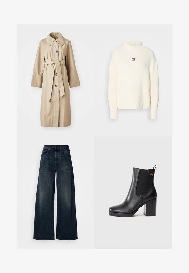 Bež trench coat sile siledest kangast, millel on lai krae, neli pruuni nuppu, vöö taljes ja pikad, laiad varrukad.; Kreemjas kõrge kaelusega kootud kampsun ribakujundusega ja väikese värvilise logosildiga rinna piirkonnas. Omab laiahtesid varrukaid ja mugavat lõiget.; Tumedadavad teksad, mis on valmistatud tumedast denimist, kõrge vöökoht, esi-taskud ja puhas viimistlus koos kerge tuhmumisega ning minimaalsete õmbluse detailidega.; Must must nahkasaapaste block-kandaga, elastse külgpaneeli, tõmbeaugu ja väikese kuldse logoga ülemisel küljel.