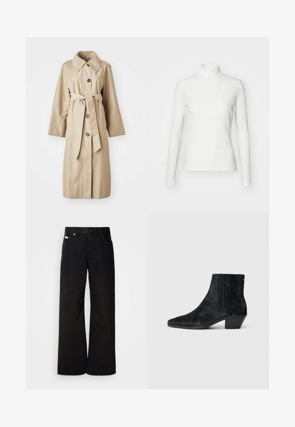 Bež trench coat sile siledest kangast, millel on lai krae, neli pruuni nuppu, vöö taljes ja pikad, laiad varrukad.; Valge soonikuline kõrge kaelusega pluus pikkade varrukatega, valmistatud elastsetest kangast. Omab vormitud disaini ja kõrget kaelust katvuseks.; Mustad lai jalad teksased, mis on valmistatud puuvillast. Omab esitaskuid, nööbikinnitust ja klassikalist teksakanga tekstuuri. Minimalistlik disain ilma mustriteta.; Must have kontsad must tõus, terava nina, tekstuuriga juuksearnane materjal, ribaga külgpaneel ja madal, plokk-kanna. Lihtne ja kaasaegne disain.
