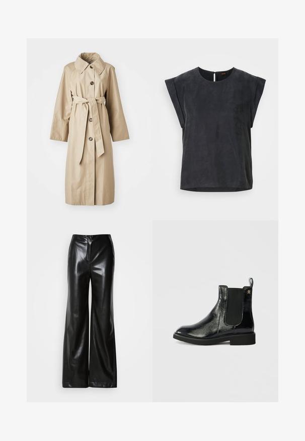 Bež trench coat sile siledest kangast, millel on lai krae, neli pruuni nuppu, vöö taljes ja pikad, laiad varrukad.; Mustar, lühikeste varrukatega t-särk ümarate dekolteega ja minimalistikku disainiga. Sile tekstuur kerge läikega, seljal on lukuauk.; Mustmustest mustjalad siledast tekstuurist, kõrge vöökoht ja peidetud eesmine tõmblukk. Üksikasjalik sobivus ja puhas viimistlus.; Musthave mustaste nahkse Chelsea saapad läikiva viimistlusega, elastsete külgteilidega ja aasaga. Laminate põhi ja ümar varvas. Minimalistlik disain kuldse logo detailiga.
