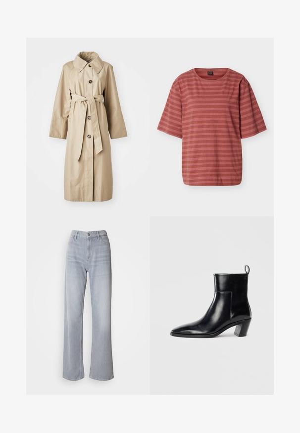Bež trench coat sile siledest kangast, millel on lai krae, neli pruuni nuppu, vöö taljes ja pikad, laiad varrukad.; Roostevärvi lühikeste varrukatega t-särk, millel on õhukesed horisontaalsed valged triibud ja väike tikitud logo vasakul rinnal.; Heledad hallid laiad teksad, mille kõrgem talje on valmistatud denimist. Sisaldab esi-taskuid, tõmblukk ja peen hallitus kogu ulatuses.; Must musta saapad terava nina, geomeetrilise kuuega ja tagaküljel tõmberaudaga. Sile tekstuur ja läikiv disain.