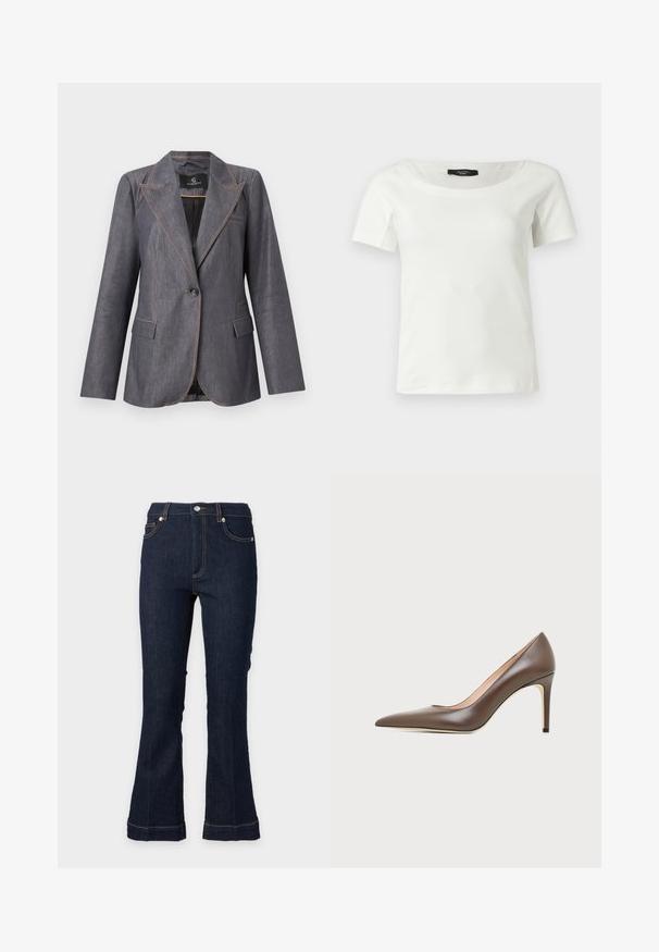 Blazer gris à un bouton avec revers à encoche, deux poches avant à rabat et surpiqûres orange contrastantes, présenté sur un fond neutre.; Haut blanc en coton à manches courtes pour femmes avec un large col rond sur un fond clair uni.; Jean en denim bleu foncé avec une légère évasement, poches avant, fermeture par bouton et zip, et surpiqûres contrastantes.; Chaussure à talon haut en cuir marron à bout pointu avec un talon aiguille fin et une finition lisse sur un fond clair.