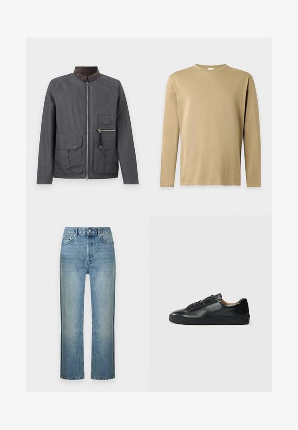Veste pour homme de couleur gris foncé avec fermeture éclair à l'avant, col en velours côtelé marron et plusieurs poches à l'avant, dont une avec fermeture éclair sur le côté droit.; T-shirt beige à manches longues avec col rond, au design simple et uni sur un fond gris clair.; Jean droit en denim bleu clair avec fermeture avant par bouton et fermeture éclair, passants de ceinture et style cinq poches.; Baskets en cuir noir avec une texture lisse, bout rond et fermeture à lacets. Comprend une semelle en caoutchouc épaisse et un minimum de détails de marque.